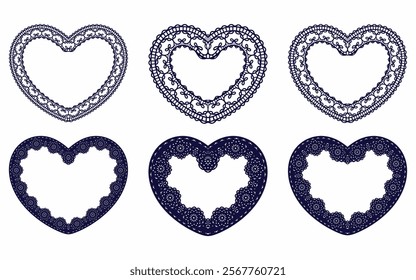 Laser cut frame in the shape of a heart with lace border. A set of the foundations for paper doily for a wedding. Vector templates for cutting out.