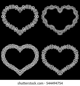 Laser cut frame in the shape of a heart with lace border.  A set of the foundations for paper doily for a wedding. A set of  valentines or photo frames. Vector templates for cutting out.