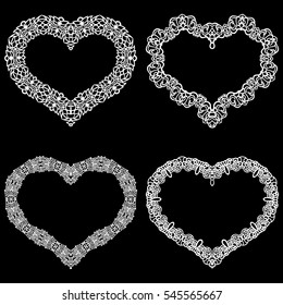Laser cut frame in the shape of a heart with lace border.  A set of the foundations for paper doily for a wedding. A set of  valentines or photo frames. Vector templates for cutting out.