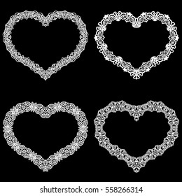 Laser cut frame in the shape of a heart with lace border.  A set of the foundations for paper doily for a wedding. A set of  valentines or photo frames. Vector templates for cutting out.