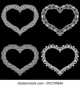 Laser cut frame in the shape of a heart with lace border.  A set of the foundations for paper doily for a wedding. A set of  valentines or photo frames. Vector templates for cutting out