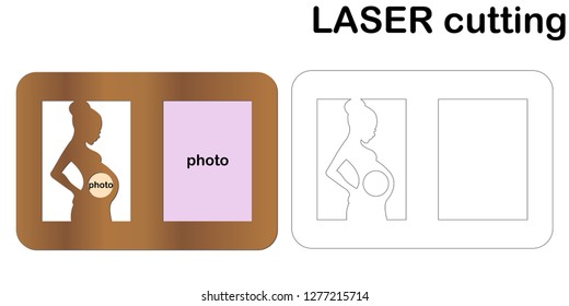 Laser cut frame with silhouette of a pregnant woman for baby ultrasound image. Vector photo mockup. Wooden sign. Decorative vector template frame. Vector template.