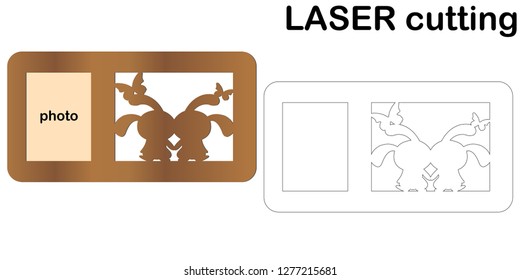 Laser cut frames with silhouette of two rabbits. Vector photo mockup. Wooden sign. Decorative vector template frame. Vector template.