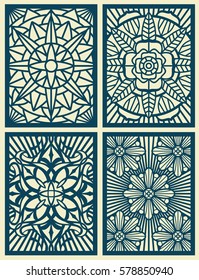 Laser cut fretwork vector pattern cards, panels. Pattern carved from wood. Illustration of flower pattern