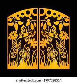 Laser cut gate panels, Modern gate design template, Creative CNC cutting pattern, Golden color pattern and black color background