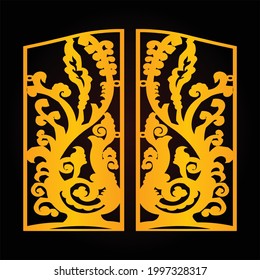 Laser cut gate panels, Modern gate design template, Creative CNC cutting pattern, Golden color pattern and black color background