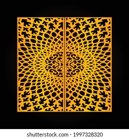 Laser cut gate panels, Modern gate design template, Creative CNC cutting pattern, Golden color pattern and black color background