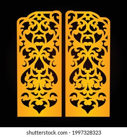 Paneles de puerta de corte láser, plantilla de diseño de puerta moderna, patrón de corte CNC creativo, patrón de color dorado y fondo de color negro