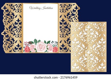 Laser cut Gate wedding invitation card with Damask cutout pattern and floral insert, vector.