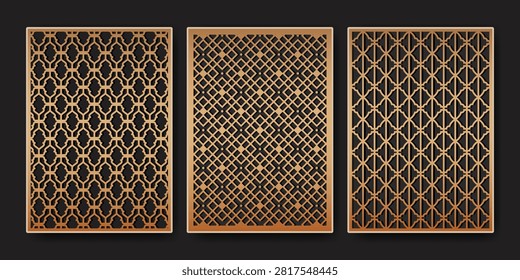 Laser cut geometric patterns, abstract vector backgrounds. Cnc wood panels, stencils, and modern decorative wall art with ornamental fretwork design elements, elegant border templates, islamic frames