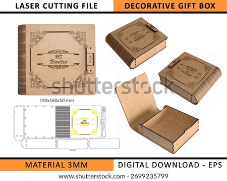 Laser Cut Gift Box Template. Decorative Wooden Box Vector EPS Design for CO2 Laser Cutting. Perfect for creating wooden boxes for gifts, jewelry, weddings, and special occasions. Laser cutting project