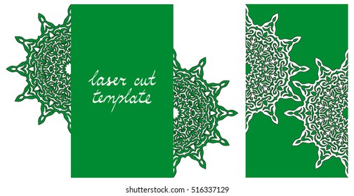 Laser cut greeting card with floral mandala. Lacy template pattern for cutting. Wedding invitation envelope