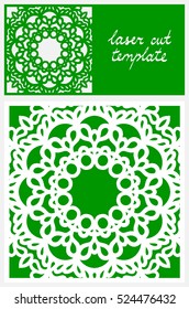 Laser cut greeting card with floral mandala. Lacy template pattern for cutting. Wedding invitation envelope