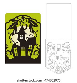 Laser cut halloween vector invitation card template. Scary mansion. Can be used as invitation, envelope, greeting card. Paper craft silhouette.
