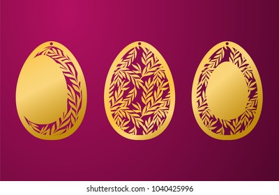 Laser Cut Happy Easter Egg. Vector stencil ornamental Easter egg with carved openwork floral pattern. Template for interior design, decorative art objects, festive hanging element, invitations