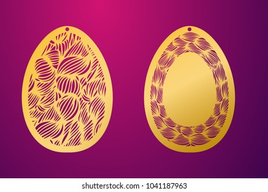 Laser Cut Happy Easter Egg. Vector stencil ornamental Easter egg with carved openwork wave pattern. Template for interior design, decorative art objects, festive hanging element. Stock vector
