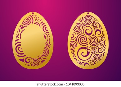 Laser Cut Happy Easter Egg. Vector stencil ornamental Easter egg with carved openwork swirl pattern. Template for interior design, decorative art objects, festive hanging element Stock vector