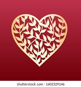 Laser cut heart with leaves and branches pattern. Template for cutting, interior design, layouts wedding cards, invitations, Valentine's Day cards. Vector floral heart.