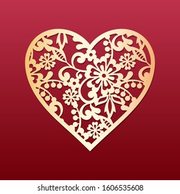 Laser cut heart with pattern of flowers. Template for cutting, interior design, layouts wedding cards, invitations, Valentine's Day cards. Vector floral heart.