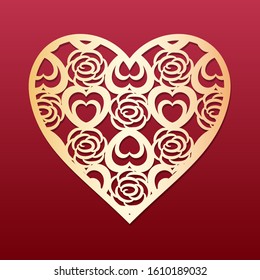 Laser cut heart with pattern of hearts and roses. Template for cutting, interior design, layouts wedding cards, invitations, Valentine's Day cards. Vector floral heart.