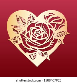 Laser cut heart with pattern of roses. Template for cutting, interior design, layouts wedding cards, invitations, Valentine's Day cards. Vector floral heart.