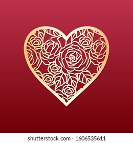 Laser cut heart with pattern of roses. Template for cutting, interior design, layouts wedding cards, invitations, Valentine's Day cards. Vector floral heart.