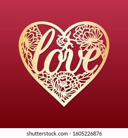 Laser cut heart with peonies pattern. Template for cutting, interior design, layouts wedding cards, invitations, Valentine's Day cards. Vector floral heart.