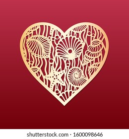 Laser cut heart with sea shell pattern. Template for cutting, interior design, layouts wedding cards, invitations, Valentine's Day cards. Vector floral heart.