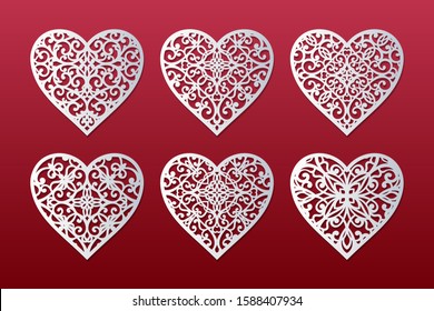 Laser cut hearts set with lace pattern. Templates for interior design, layouts wedding cards, invitations, Valentine's Day cards. Vector floral hearts.