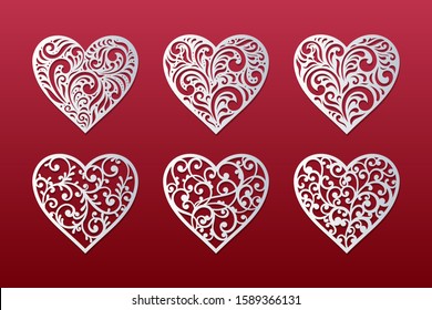 Laser cut hearts set with lace pattern. Templates for interior design, layouts wedding cards, invitations, Valentine's Day cards. Vector floral hearts.