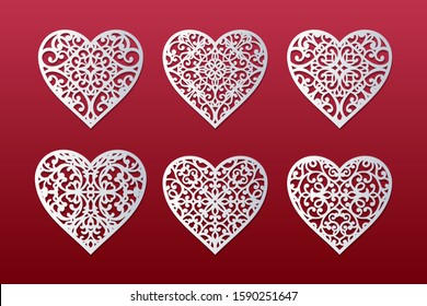 Laser cut hearts set with lace pattern. Templates for interior design, layouts wedding cards, invitations, Valentine's Day cards. Vector floral hearts.