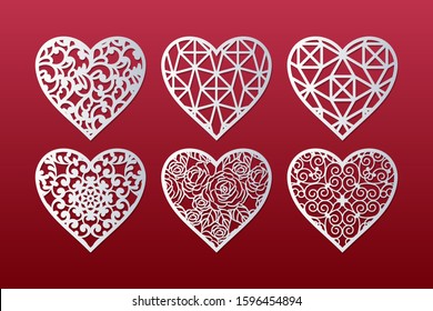 Laser cut hearts set with lace pattern. Templates for interior design, layouts wedding cards, invitations, Valentine's Day cards. Vector floral hearts.