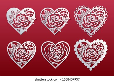 Laser cut hearts set with pattern of roses. Templates for interior design, layouts wedding cards, invitations, Valentine's Day cards. Vector floral hearts.