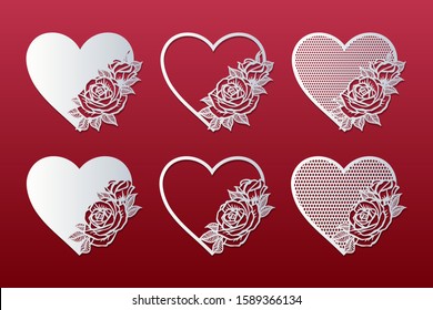 Laser cut hearts set with pattern of roses. Templates for interior design, layouts wedding cards, invitations, Valentine's Day cards. Vector floral hearts.