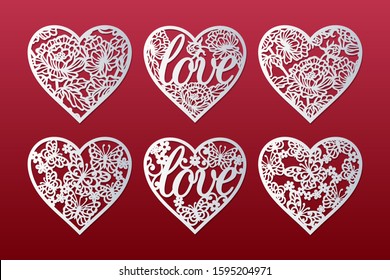 Laser cut hearts set with pattern of peonies, butterflies, flowers. Templates for interior design, layouts wedding cards, invitations, Valentine's Day cards. Vector floral hearts.