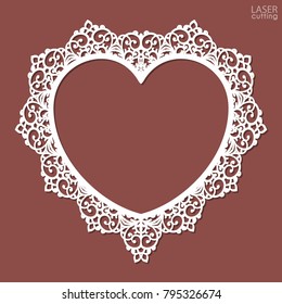 Laser cut heart-shaped frame. Photo frame template with an openwork floral pattern. Vector mockup for laser cutting.