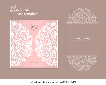 Laser cut invitation card template. Wedding invitation template for laser cutting or die cutting. Die cut paper card with rose flowers.