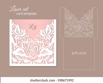 Laser cut invitation card template. Wedding invitation template for laser cutting or die cutting. Die cut paper card with rose flowers.