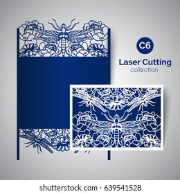 Laser cut invitation with dragonfly and flowers. Floral envelope for cutting.