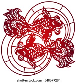 Laser cut lace china golden fish pattern for decorative panel. Vector template ready for printing, postcards packets, invitation, engraving  in paper, wood or metal.