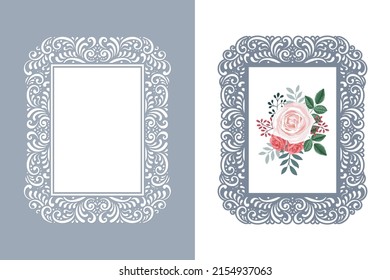 Plantilla de marco de encaje de corte láser y marco de esténcil. Fondo vintage con flores rosadas, vector.