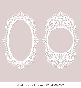 Laser cut lace frames set, photo or picture frame templates, decor elements isolated, vector.