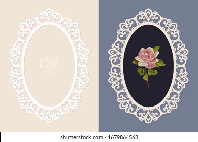 Laser cut lace oval frame, vector template. Ornamental cutout photo frame with pattern. Vintage background with rose embroidery inside the cut out frame.