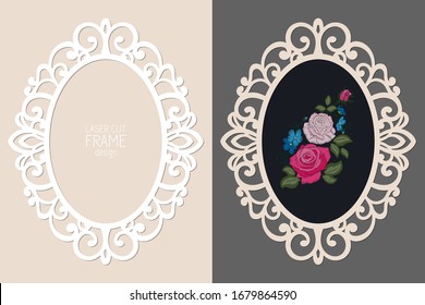 Laser Cut Lace Oval Frame, Vector Template. Ornamental Cutout Photo Frame With Pattern. Vintage Background With Rose Embroidery Inside The Cut Out Frame.