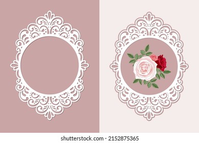 Laser cut lace oval frame template, Vintage background with rose flower in an openwork frame, vector.