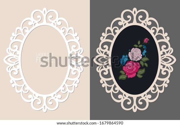 Laser cut lace oval frame, vector\
template. Ornamental cutout photo frame with pattern. Vintage\
background with rose embroidery inside the cut out\
frame.