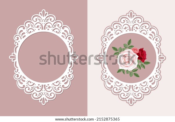 Laser cut lace oval frame\
template, Vintage background with rose flower in an openwork frame,\
vector.