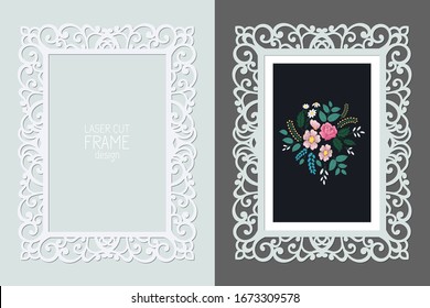 Laser Cut Lace Rectangular Frame, Vector Template. Ornamental Cutout Photo Frame With Pattern. Vintage Background With Rose Embroidery Inside The Cut Out Frame.