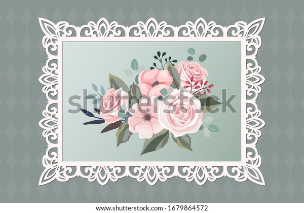 Laser cut lace rectangular frame,\
vector template. Ornamental cutout photo frame with pattern.\
Vintage background with flowers inside the cut out\
frame.