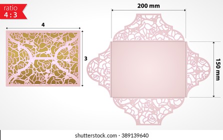 Laser cut lace roses card template vector. Vector template laser cut wedding invitation. Laser cut envelope folder design. Wedding invitation card for laser cutting or die cutting. Card for cutting.